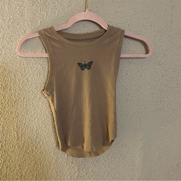 American Eagle Outfitters Tan Ribbed Butterfly Cropped Tank Top Size XS Y2K - Picture 1 of 5